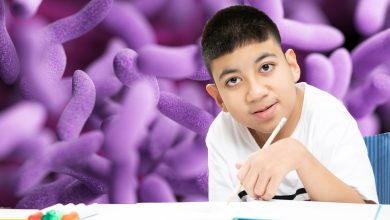 child with autism learning in the classroom. gut microbiome is the background of the image.